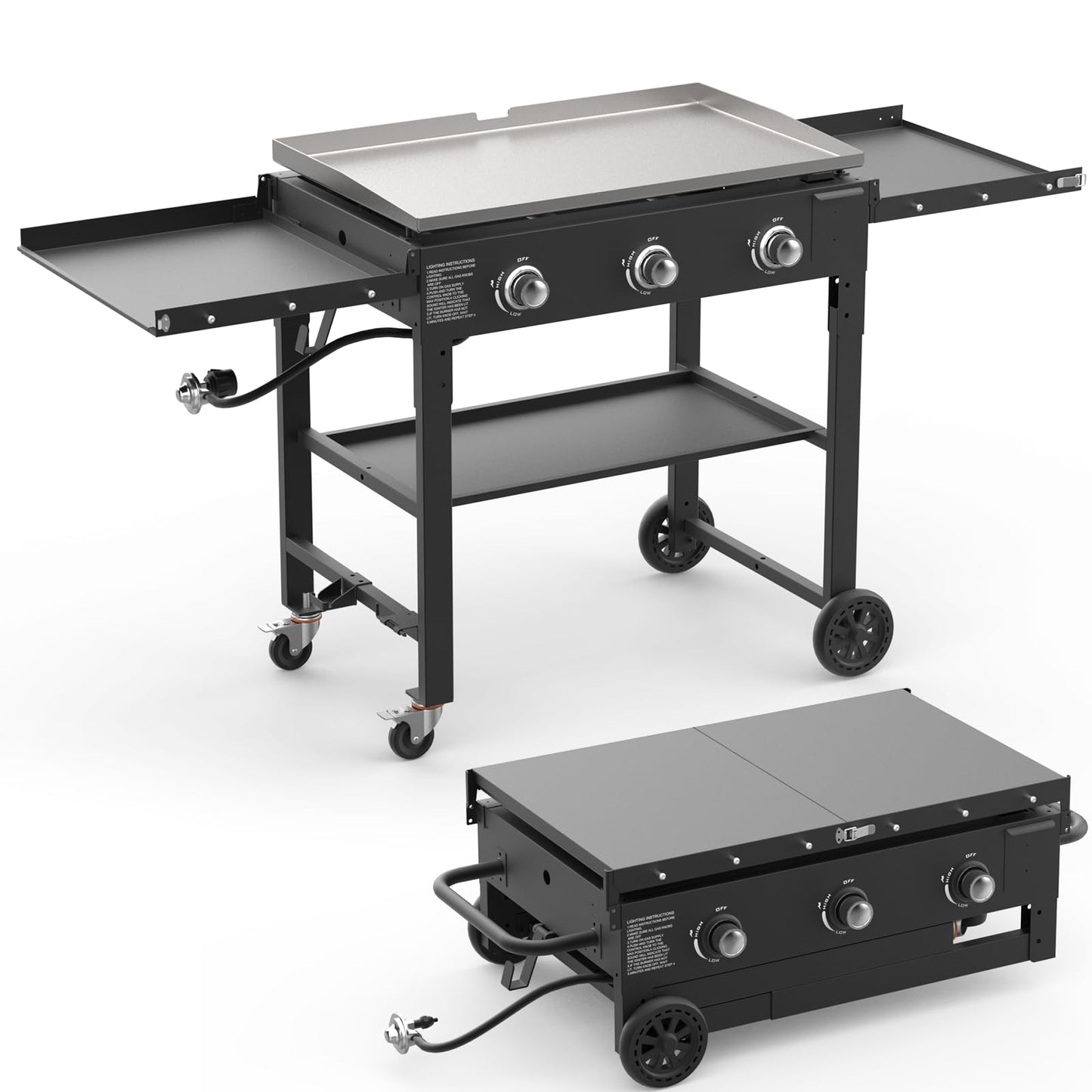 ADREAK 3 Burner Foldable Gas Griddle, 32 Inch Stainless Steel Portable Detachable Propane Griddle, 45,000 BTU Flat Top Barbecue Grill with Side Shelves for Camping