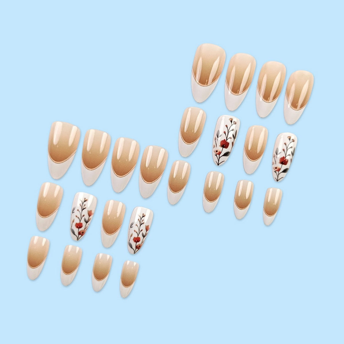 Almond Press on Nails Medium Length Fake Nails with Flower designs Spring Stick on Nails Glossy White French Tip Press ones False Nails Gel Glue on Nails for Women Girls Summer 24pcs