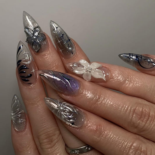Medium Press on Nails Almond - Ombre Black Fake Nails with 3D Flower Design - Y2k, Full Cover Stick on False Nails - for Women 24 Pcs
