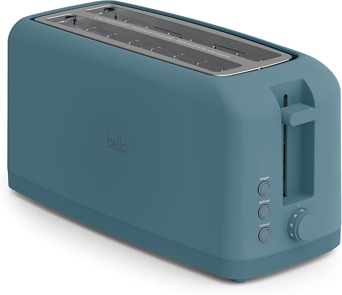 bella 4 Slice Slim Toaster, Fits-anywhere Kitchenware, 6 Setting Shade Control with Reheat & Cancel Buttons, Fits Sourdough, 10â Long Slot, Anti Jam & Auto Shutoff, 900 Watt, Surf
