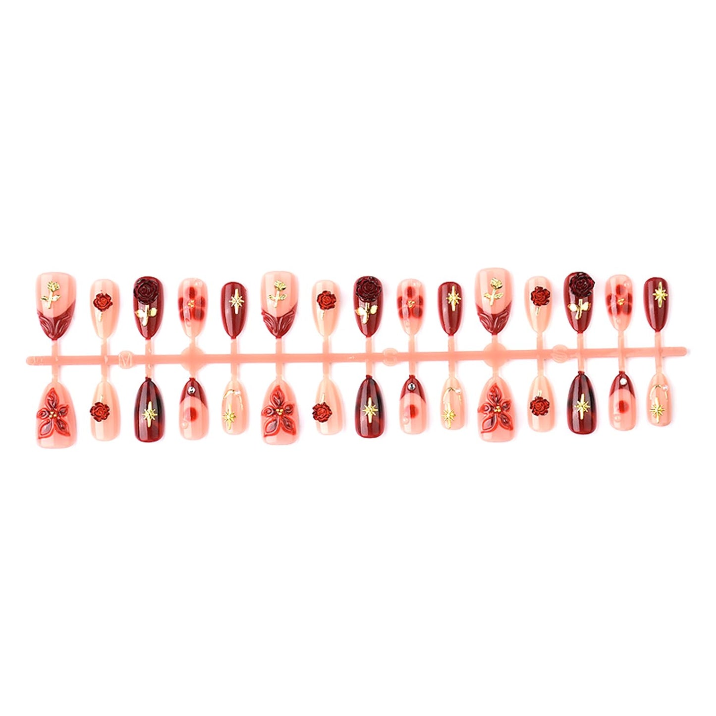 30Pcs Red Flower Press on Nails Short Almond French Tip Fake Nails with Rhinestone Pearls Designs 3D Rose Floral Star False Nails Nude Glossy Full Cover Reusable Valentines Glue on Nails for Women