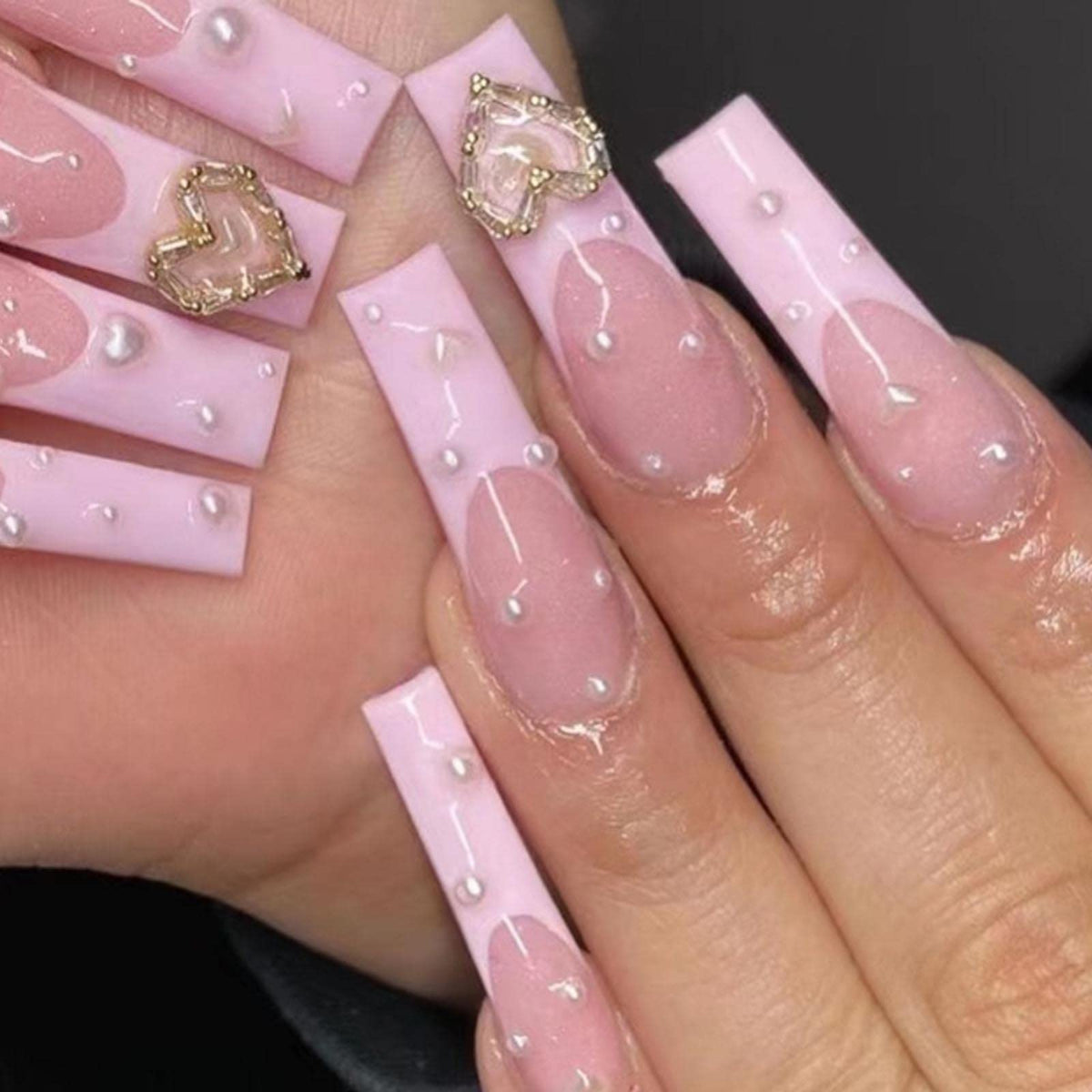 Hkanlre Coffin French Press on Nails Acrylic Heart Long Fake Nails Full Cover Ballerina Pink False Nails for Women and Girls 24PCS