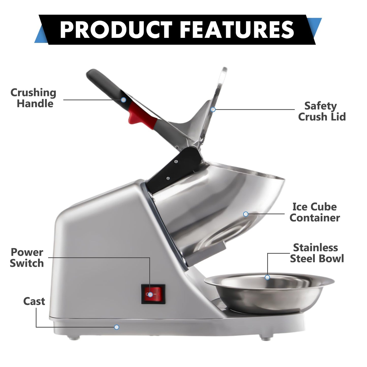 YODHOSA Electric Ice Shaver 300W Snow Cone Maker Machine 143lbs/hr Shaved Ice Machine Stainless Steel Kitchen Electric Ice Crush with a Free Ice Pick and Ice Cube Tray