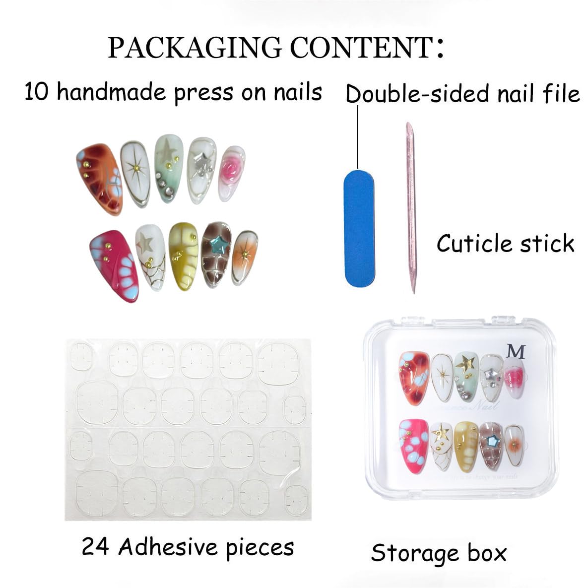 10Pcs Medium Almond Handmade Press On Nails | Easy Apply & Remove, Reusable Salon Quality Nails | Y2K Punk Multicolor Fake Nails with 3D Floral, Star & Gold Bead Accents(5U01, XS)