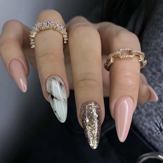 Medium Almond Press on Nails Silver Fake Nails White Leopard Print Designs Acrylic Glue on Nails Full Cover Pink Glossy Artificial Stick on Nails for Women 24 Pcs