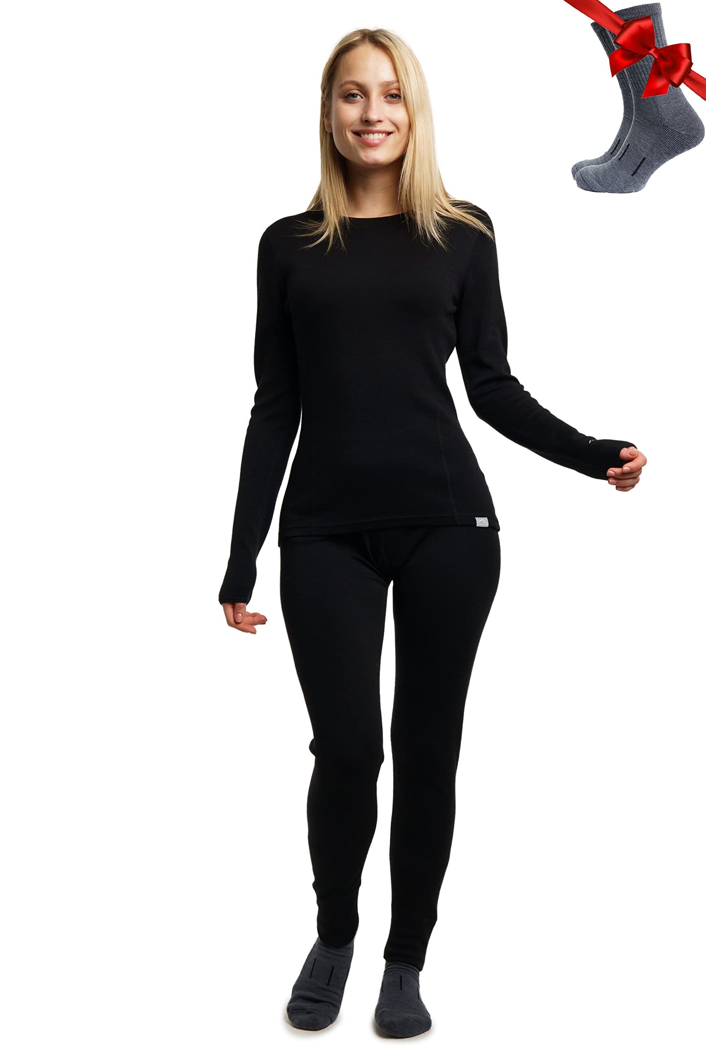 Merino.tech Merino Wool Base Layer Women Set - Heavyweight, Lite, Midweight Merino Thermal Underwear for Women Top, Bottom (Large, 320 Black)