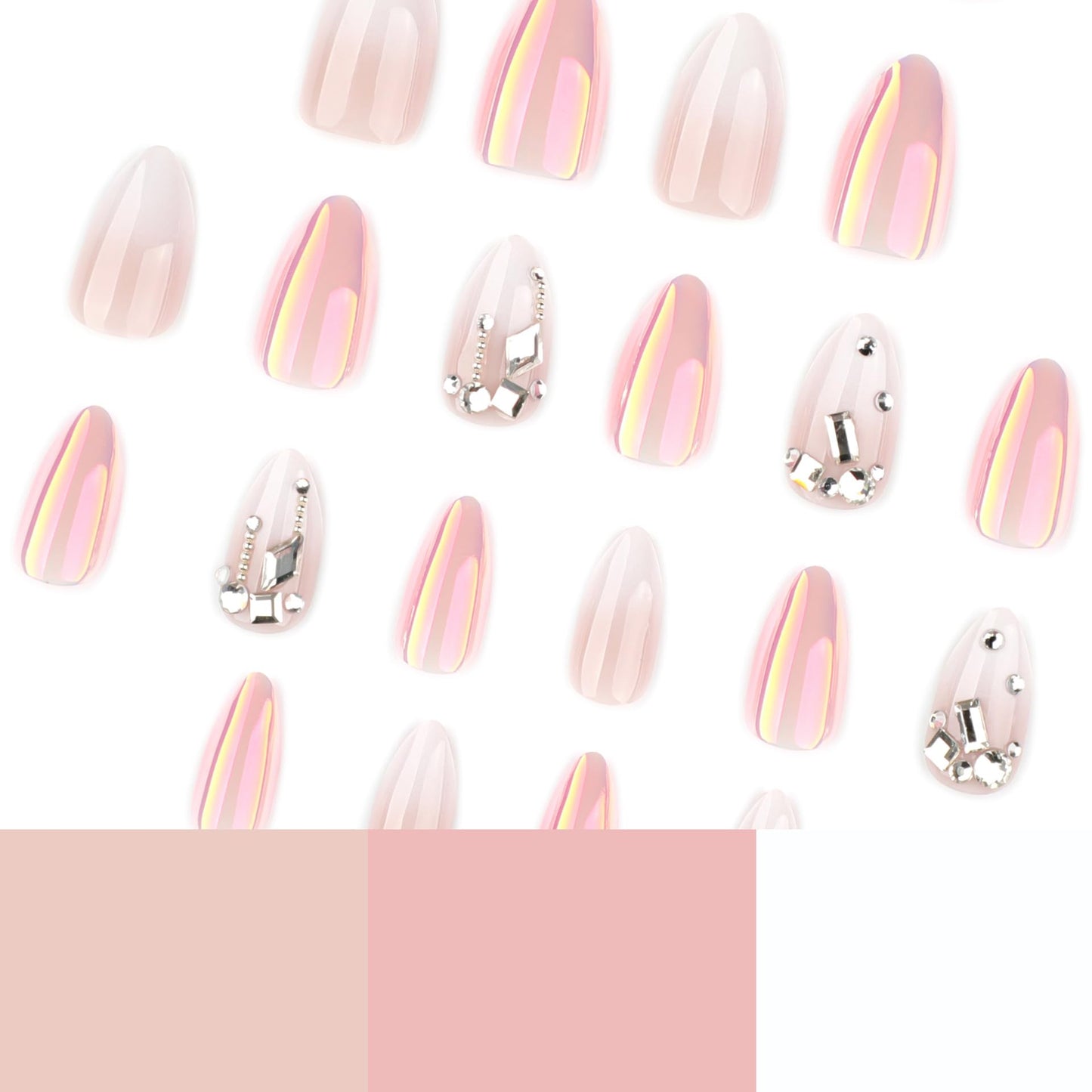 RUOKEXIN Almond Press on Nails Short Fake Nails White Ombre False Nails with Rhinestones Designs Plating Nail Press ons Sparkly Artificial Nails for Women 24Pcs