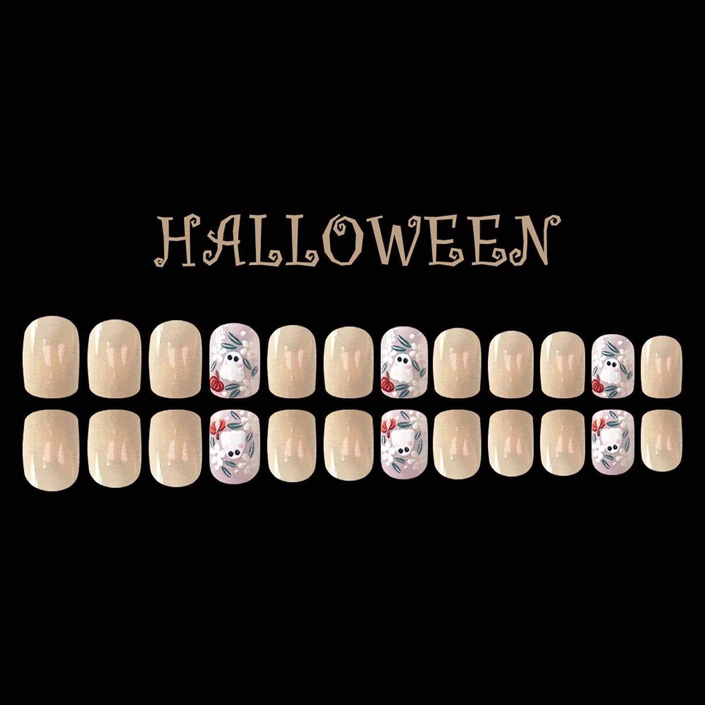 CJDLTS Halloween Press on Nails Short Square Cute Ghost False Nail Acrylic Artificial Fingernails Colorful Flowers Design Full Cover Glossy Festival Nude Stick on Nails for Women Supplies 24Pcs