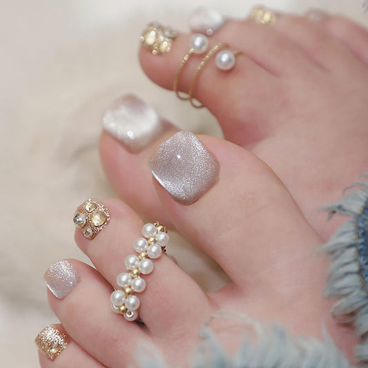 RUOKEXIN Short Press on Toenails Cat Eye Fake Toenails with Gold Rhinestones Designs Square Toe Nail Press ons Sparkly Artificial Nails for Women 24Pcs