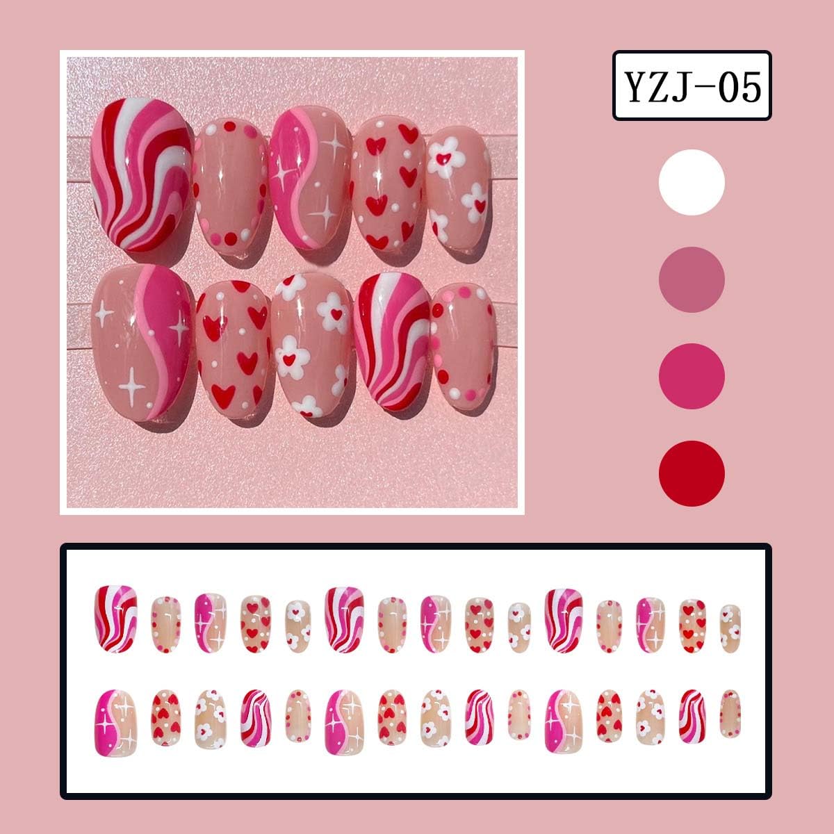 24Pcs Valentines Press on Nails Short Almond Red Heart Fake Nails with Flower Stripe Star Design Glue on Nails Pink Glossy Holiday False Nails for Women DIY Valentine Nail Decoration Supplies