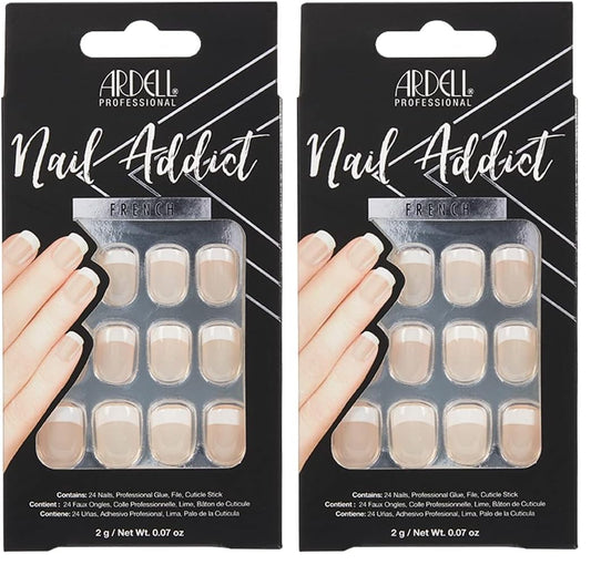 Ardell Nail Addict Press On Nails Artificial Nail Kit - Classic French Tips, Reusable Acrylic Fake Nails, 24 Nails (Pack of 2)