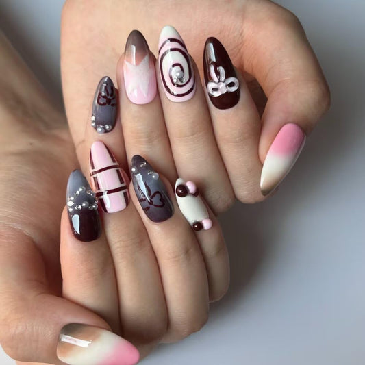 10Pcs Spring Summer Press on Nails Almond Shape False Nails with Bow Design Medium Length Fake Nails Handmade Nails Press On 3D Star Fake Nails Reusable Nails for Women (Size S)