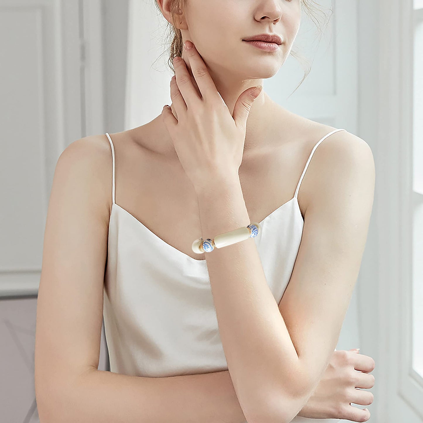 Sajidos Bamboo Tube Bangle Bracelets for Women Stacking Chunky Colorful Acrylic Beads Stretch Bracelets Friendship Summer Beach Bracelet Jewelry (A-Ivory)