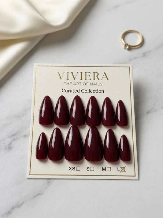 Viviera Press-On Nails, Deep Burgundy, Almond Shape, 12 Handmade Nails with Manicure Kit, Reusable
