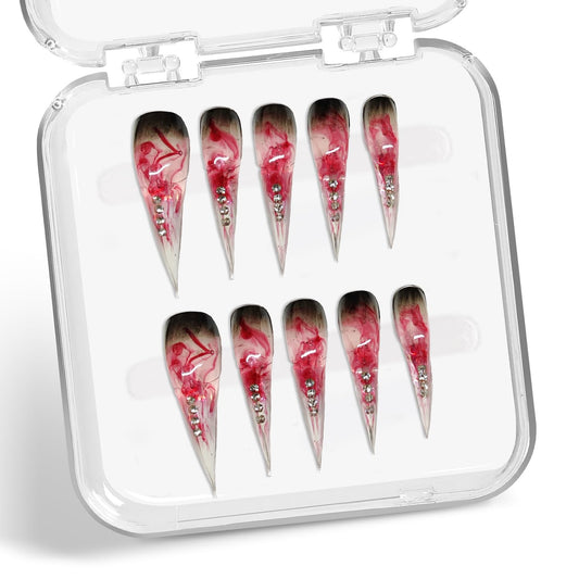 Handmade Press on Nails Long Curved Fake Nails with Blood Red Eagle Claw Designs Black Red Gradient Stick on Nail Art Full Cover Goth Style Rhinestone Acrylic False Nails for Women（M)