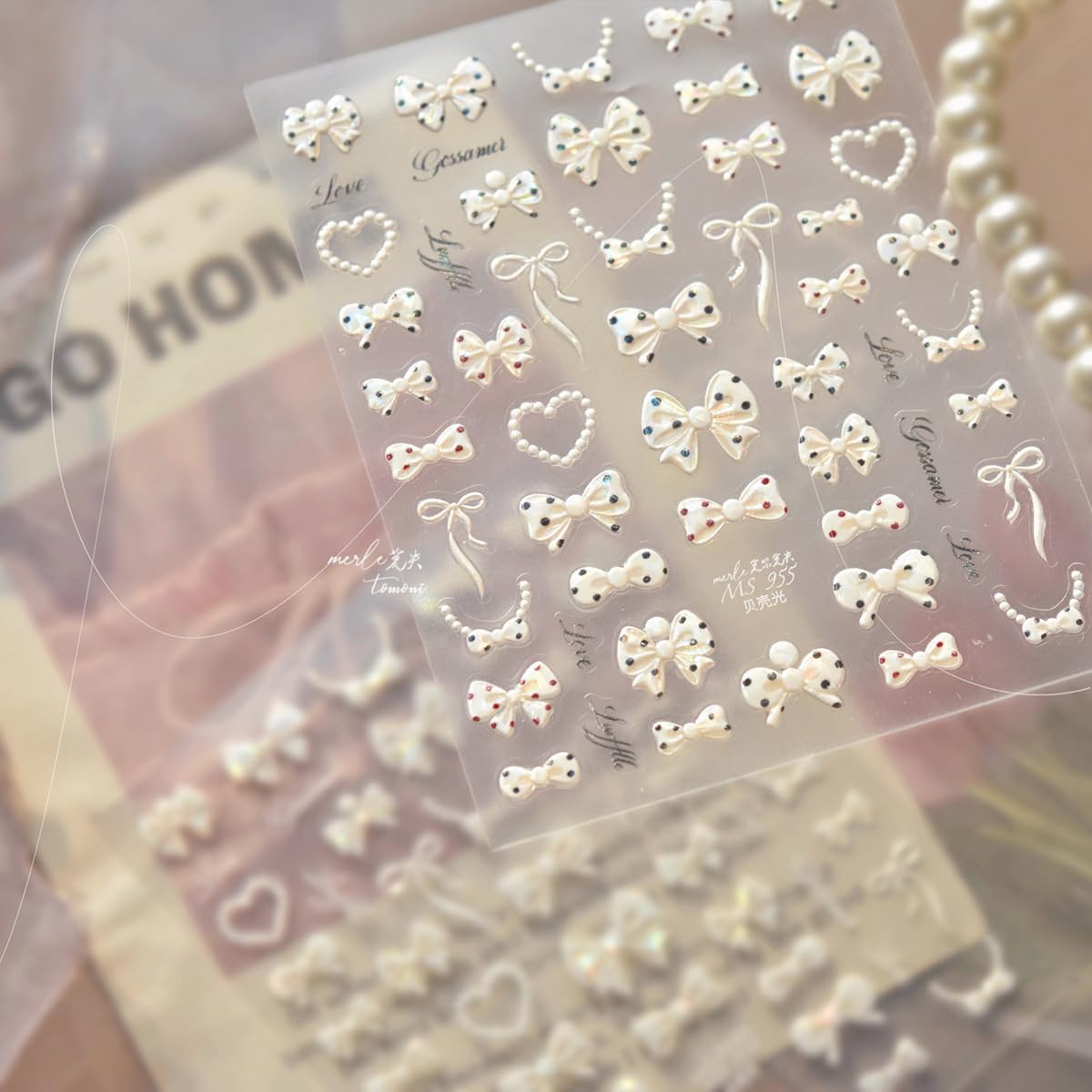 White Bow Nail Art Stickers 5D Embossed Nail Stickers for Nail Art Polka Dot Nail Decals with Pearl Heart Chain Design Cute Nail Supplies for DIY Manicure Self Adhesive Nails Design for Women 1 Sheet