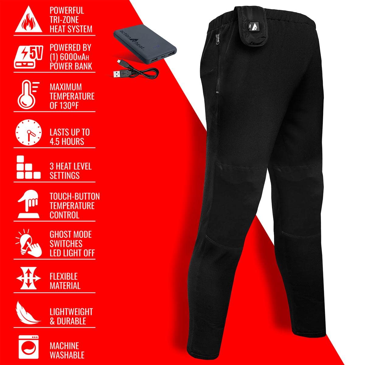 ActionHeat 5V Base Layer Battery Heated Pants for Women w/ 3 Heat Zones for Camping, Skiing, Hunting, Fishing, Golf S Black
