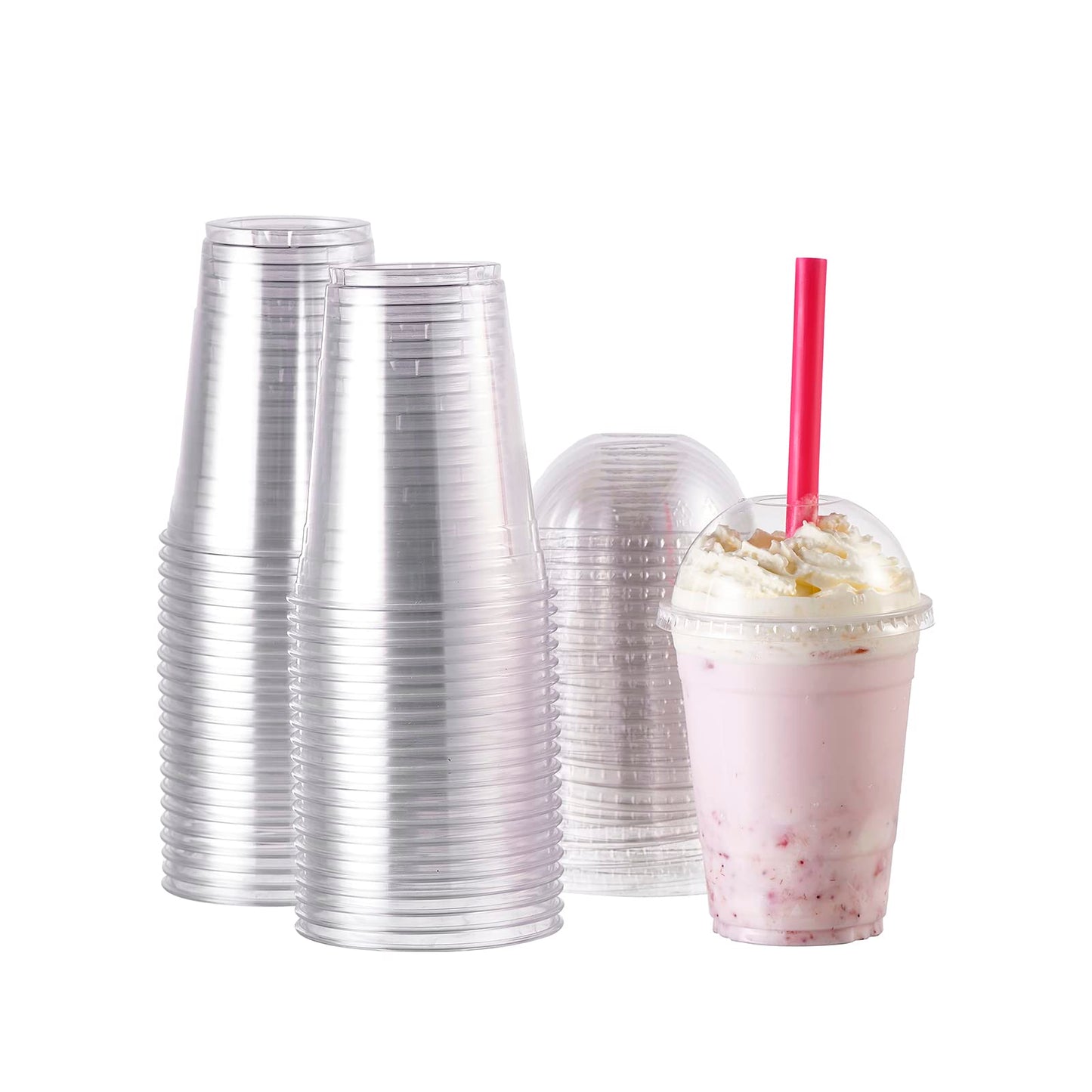 [100 Sets-16 oz.] Plastic Cups With Dome Straw Slot Lids PET Crystal Clear Disposable Togo Cup BPA Free For Party Ice Cold Drinks Coffee Tea Parfait Dessert Smoothie Bubble Boba Fruit Milkshake Slush