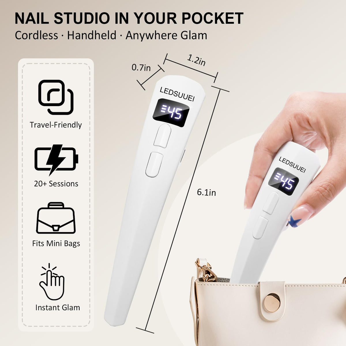 UV Nail Lamp for Gel Polish LEDSUUEI, [2-in-1 Dual-Zone]Handheld UV Light for Gel Nails, 400mAH Rechargeable Portable LED Display Nail Lamp Fast Flash Cure Nail Dryer for DIY Deco Manicure Home Travel