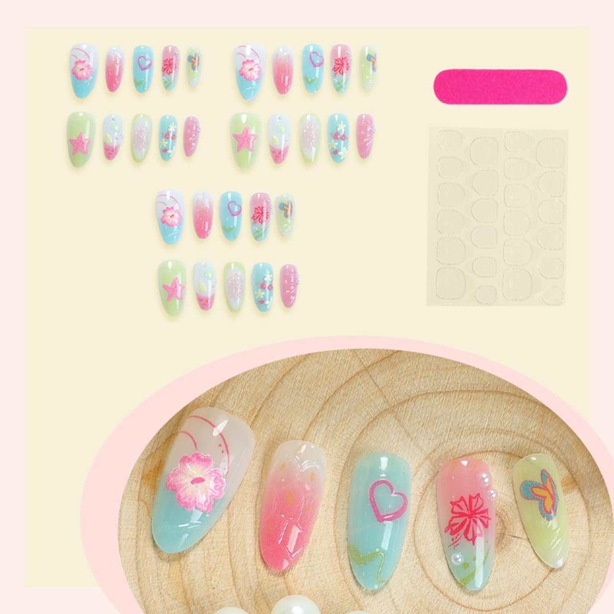 30Pcs Summer Press on Nails Almond Fake Nails Colorful Shell Starfish Flower Butterfly Heart Design Summer Beach Glue on Nails 3D Pearl Floral Acrylic Nails Press ons False Nails for Women