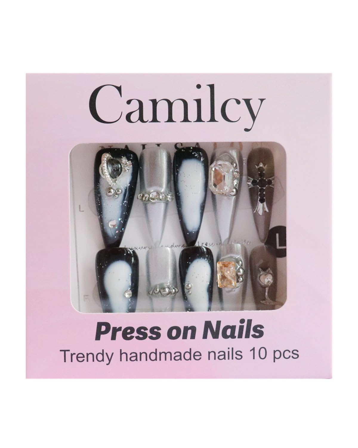 CAMILCY Press on Nails Handmade Nails Luxury Reusable Fake Nails For Girls long Almond Armor Tip Grey Diamonds HandPainted Salon Loveful Design Acrylic GelUV Finished 3D Nails 10PCS (A004, M)