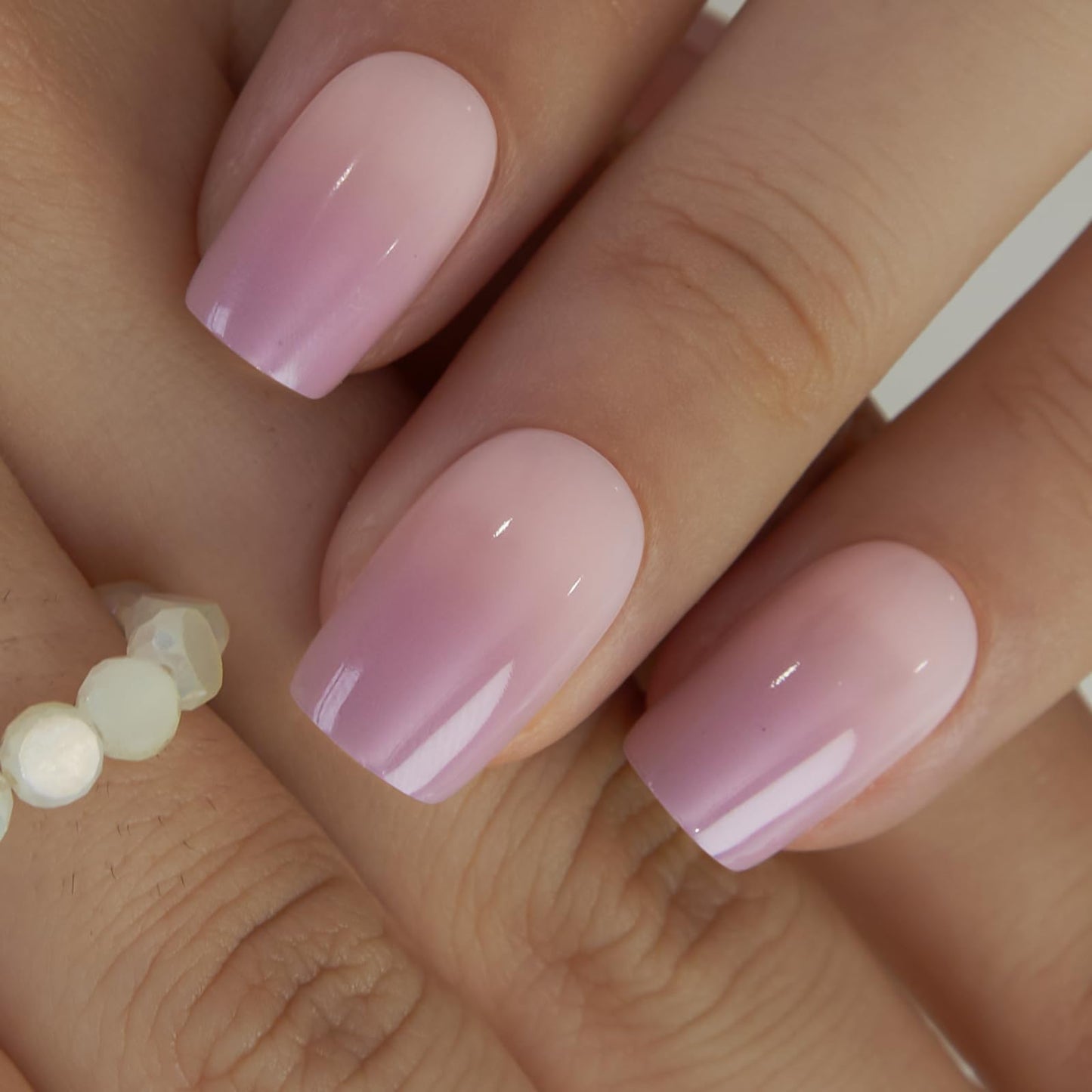 CurvLife Press on Nails Gradient Pink Purple Short Square Acrylic Fake Nails with Apricot Design Full Cover False Nails Glossy Nude Glue on Nails Artificial for Women