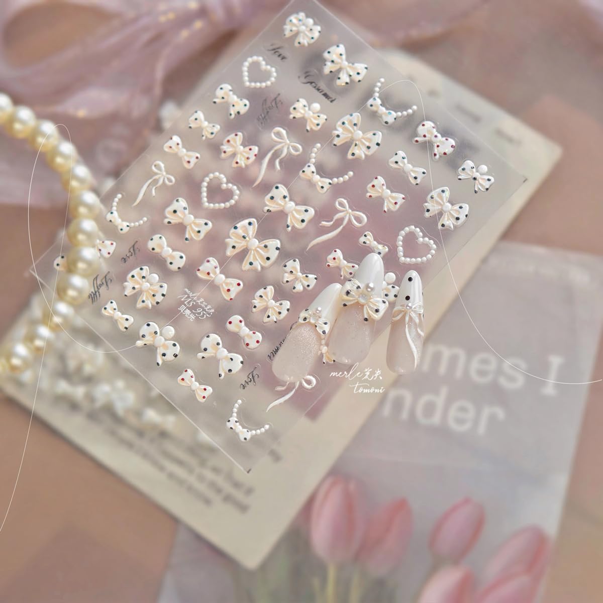 White Bow Nail Art Stickers 5D Embossed Nail Stickers for Nail Art Polka Dot Nail Decals with Pearl Heart Chain Design Cute Nail Supplies for DIY Manicure Self Adhesive Nails Design for Women 1 Sheet