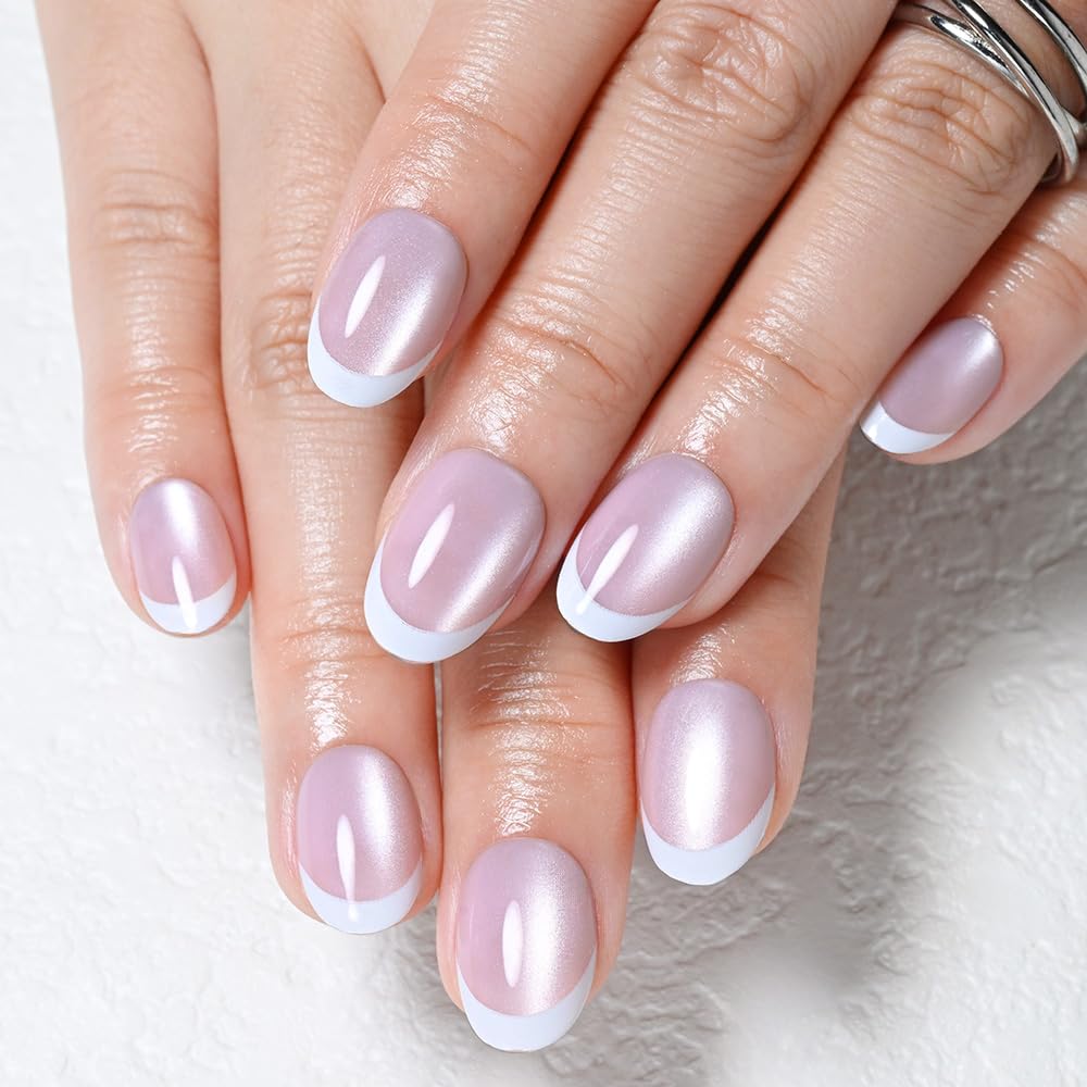 evpct Nude Pink Cat Eye French Tip Press on Nails Short Oval No Glue, White French Tip Short Oval Holographic Stick on Nails for Women, Reusable Full Cover Soft Press on Nail Perfectly with Design