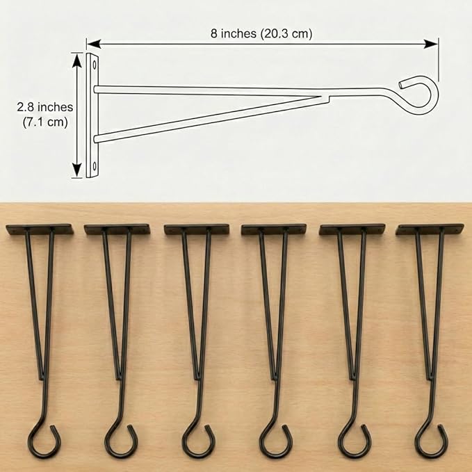 Eyrosa 8" Hanging Plant Hooks (6 Pack), Rust-Proof Metal Wall Brackets for Vertical Garden, Sturdy Plant Hangers for Outdoor Fence, Bird Feeders, Lanterns & Wind Chimes, Black Minimalist Decor
