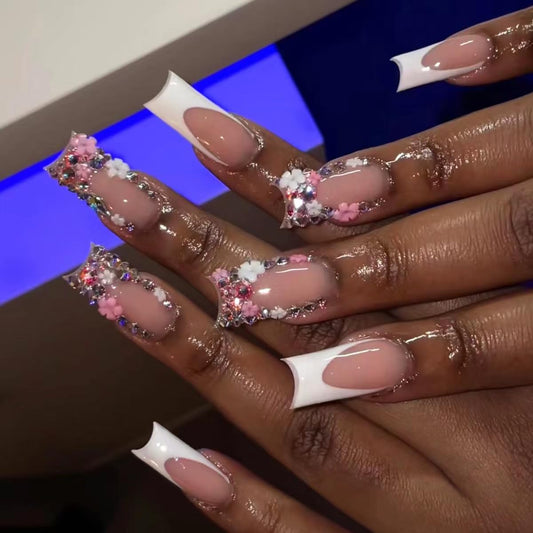 Medium Press on Nails Square - White French Tip Fake Nails with Floral Charms Design - Rhinestone Glitter Full Cover Stick on Nails for Women 24 Pcs