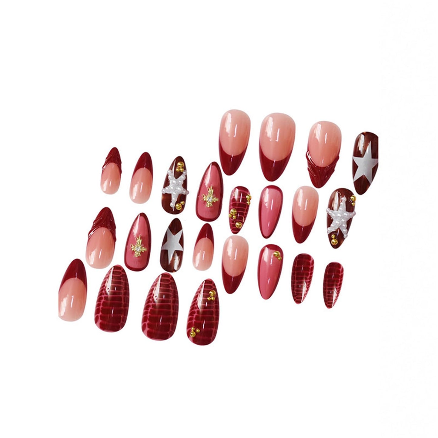 IMRAIN Press on Nails Medium Almond Fake Nail with White Pearl Star, Wine Red French, Golden Cross Designs Full Cover Glossy Glue on Nails for Women 24Pcs Acrylic Handmade False Nails