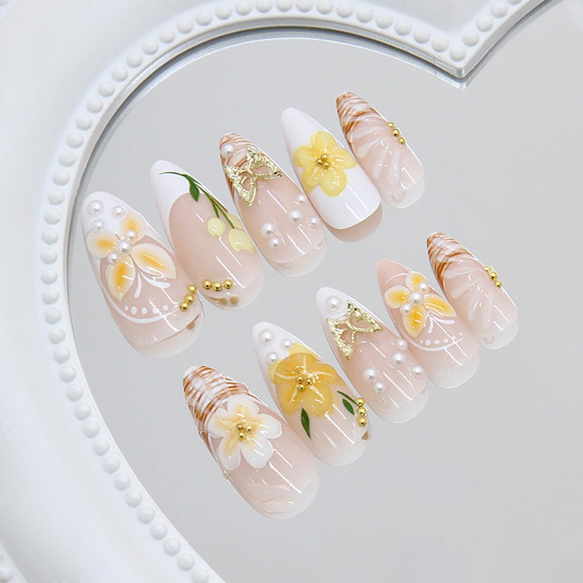 Press on Nails Almond Medium Length 3D Fake Nails with Butterfly Charms Designs Embossed Flower False Nails French Tip Nails Press ons Acrylic Summer Stick on Nails for Women French Manicure 24PCS
