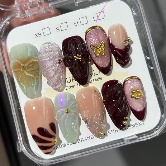 Medium Press On Nails -Purple, Handmade Medium Almond Fake Nails, Artistic Design, False Nails, Reusable, Supremely Fit Natural Stick On Nails10 Fake Nails Kit-M size