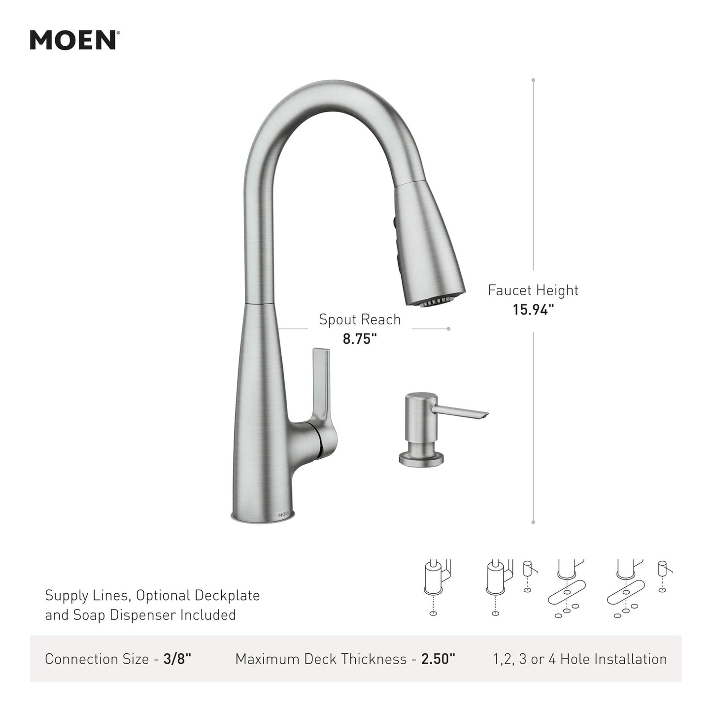 Moen Haelyn Spot Resist Stainless Single-Handle Pull-Down Sprayer Kitchen Faucet Featuring Power Boost for a Faster Clean, Soap Dispenser Included, 87627SRS
