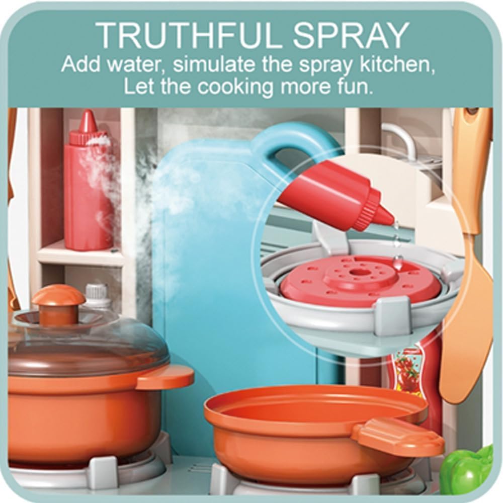 R REVA Cooking Kitchen Set Toy - 33PCS Mini Kitchen Playset for Kids with Water Spray, Light & Sound Effects - Toddler Pretend Play Appliances, Sink & Miniature Food, Educational Gift for Girls & Boys