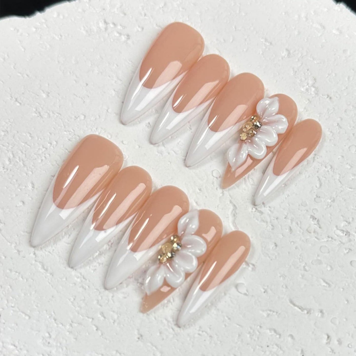 Long Press on Nails Almond Handmade Nails with Glue,French Tip False Nails Nude Pink Nail Press ons 5D Flower Art Design Muti-Layer Gel Handmade Nail Luxury False Nails for Women (Size S)