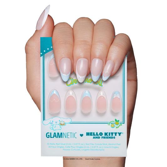 Glamnetic x Hello Kitty® and Friends Press On Nails - Cinnamoroll™ French Tip | Short Almond Blue 3D French Tip Graphic Fake Nails in a Glossy Finish | 15 Sizes - 30 Nail Kit with Glue