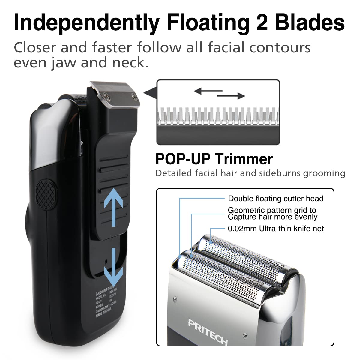 PRITECH Foil and Bald Shavers 2 in 1 Electric Shaver for Men Foil Blade and PopupTrimmer with Rechargeable 3 Adjustable Speeds Men's Shaver (Black Silver)