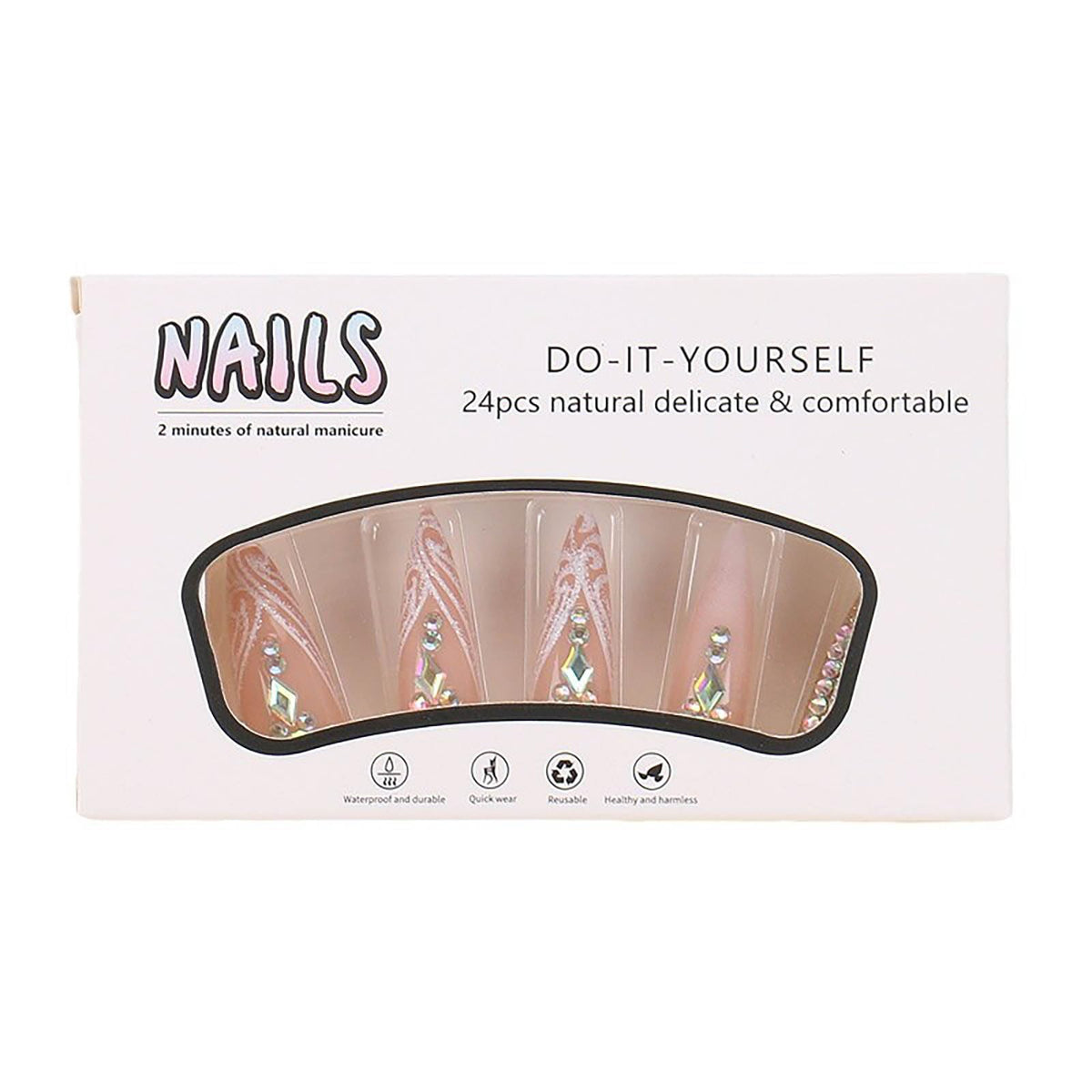RUOKEXIN Long Press on Nails Stiletto Shaped Fake Nails Handmade False Nails with Rhinestones Designs White Ombre Glue on Nails Glitter Artificial Nails Luxury Stick on Nails for Women 24Pcs