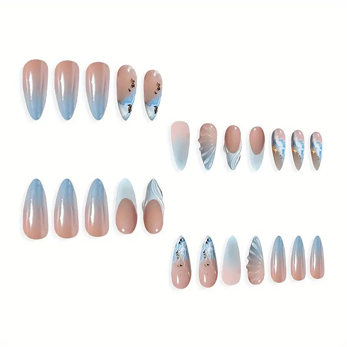 RUOKEXIN Almond Press on Nails French Tip Fake Nails Medium Length False Nails with Blue 3D Designs Spring Summer Nail Press ons Glossy Artificial Nails for Women 24Pcs