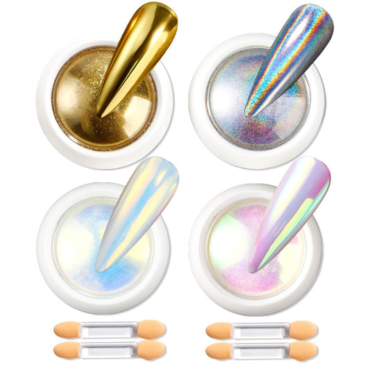 Holographic Mirror Gold Chrome Nail Powder for Gel Nails, Iridescent Aurora Mermaid Pigment Magic White Pearl Glitter Dust Kit for Women Girls DIY Manicure Decoration 4 Boxes
