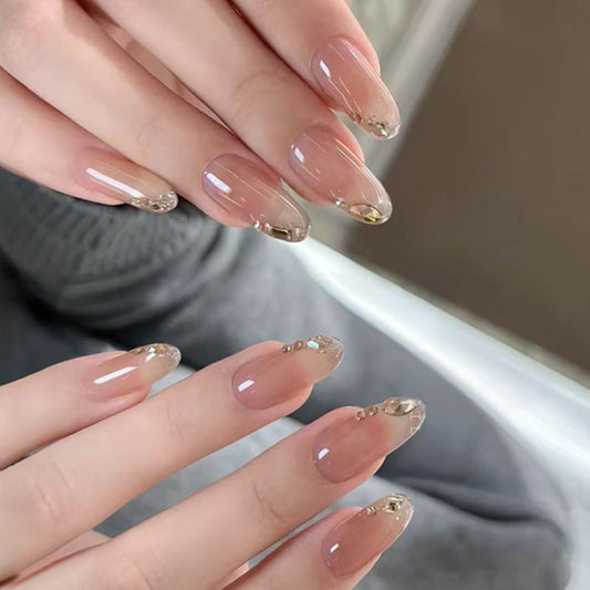 Hkanlre Almond Fake Nails Tips Shiny Press on Nails Heart Full Cover Rhinestones Nude False Nails for Women 24PCS