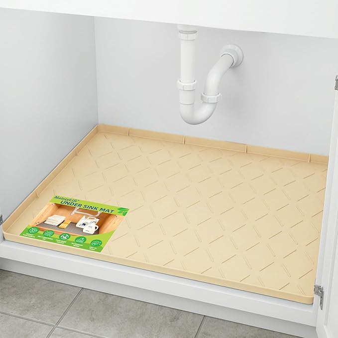 Mateeylife Under Sink Mats for Kitchen Waterproof 28"X19", Undersink Protectorsï¼Silicone Mat Cabinet Liner, Under Sink Organizer for Bathroom and Kitchenï¼Boot Tray Pet Food Mat, Khaki