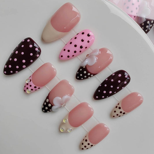Gleamrain Almond Handmade Press on Nails Medium Length Professional Nail Art Nude Fake Nails with Flower and Polka Dots Design French Tip Cute Glue Ons for Women and Girls Spring Pattern 21