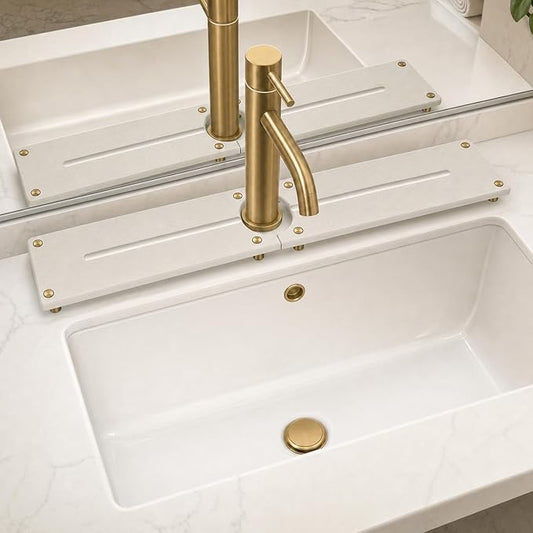 Stone Faucet Mat for Kitchen Sink, Water Absorbing Sink Tray Organizer for Bathroom Counter, Diatomite Soap Dish Coaster Caddy Riser, Sponge Holder Dispenser Mat, Gold Beige, 23.6" x 4"
