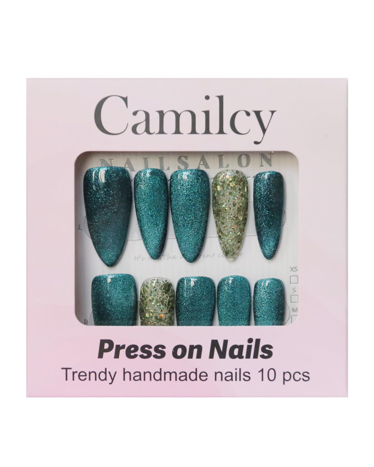 CAMILCY Press on Nails Handmade Nails Luxury Reusable Fake Nails For Girls long Almond Armor Cat's Eye Green Diamonds HandPainted Salon Loveful Design Acrylic GelUV Finished 3D Nails 10PCS (A028, S)