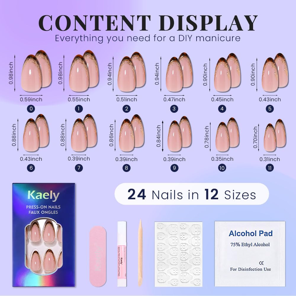 evpct Nude Glitter Press on Nails Short Almond with 3D Gold Line, Sexy French Tip Stick on Nail for Women, Reusable Full Cover Soft Gel Press on Fake Nail with Gold Line Design Perfectly Fit