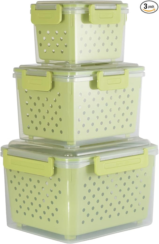 Set of 3 Fruit Storage Containers for Fridge with Removable Colander and Handle Lid, 4.6qt|2.5qt|1qt Dishwasher Microwave Safe, Keep Berry Fresh Longer (Light Green)