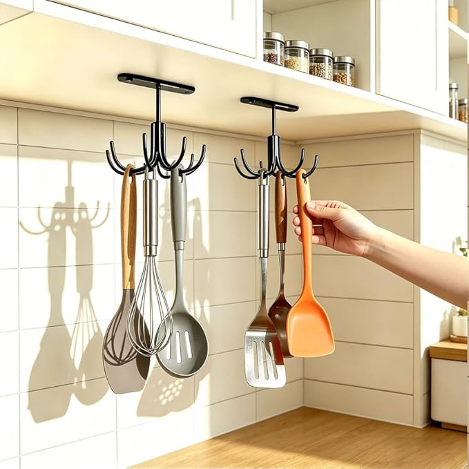 Metal Under Cabinet Kitchen Utensil Hooks,360Â° Rotating Kitchen Utensil Rack with 8 Hooks,Drilling Free Adhesive Utensils Hanging Rack for Tools/Towel/Knife (Black)