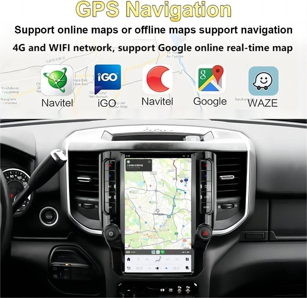 Large Touch Screen Car Navigation Radio for Dodge 2019-2024 RAM 1500 2500 3500，Tesla Style 12.1 Inch，Apple CarPlay GPS Music Video Web Player app Download，and retain All Original Vehicle Functions